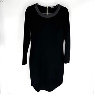 Badgley Mischka Long Sleeve Hi Lo Cocktail Dresss with Leather Trim Black 10 NWT